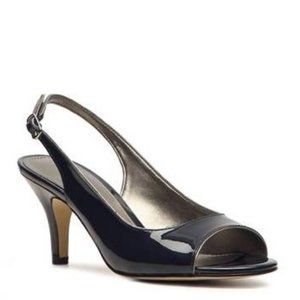 Kelly & Katie Navy Patent Peep Toe Slingback Heels